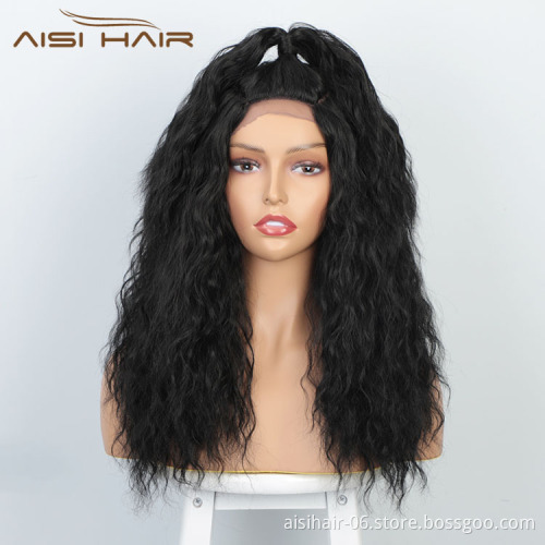 Aisi Hair 18 Inch Long Body Wave Natural Black Wig With Ponytail Swiss Lace Wig Water Wave Synthetic Hair Wigs For Black Women